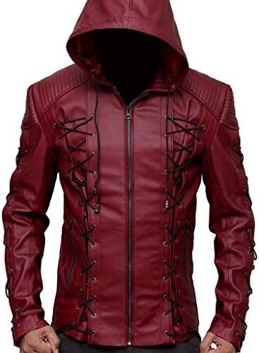 Roy Harper Arrow Arsenal Movie Red Men's Real Leather Hooded Jacket (Burgundy, L)