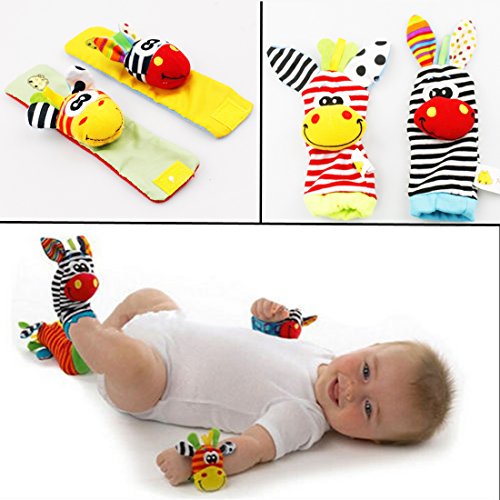 JJOnlineStore - 4 Pcs Unisex Baby Infant Toddler Animal Rattle Toys Wrist Bands & Foot Socks Shoes Newborn Feet Finder Developmental Wear Accessories