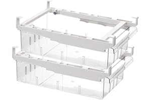 HUAYT Fridge Organizer,Fridge Drawer Storage Bins with Adjustable Slide Rail,Unique Freezer Shelf Holder Container Box with 2 Partition Plates (2 PACK)