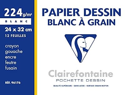 Clairefontaine 96176C Pochette dessin à grain 24 x 32 12 feuilles 224 g