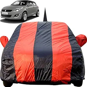 Autofact Car Body Cover for Maruti Swift (2005 to 2017) with Mirror and Antenna Pocket (Light Weight, Triple Stitched, Heavy Buckle, Bottom Fully Elastic, Red Stripes with Navy Blue Color )