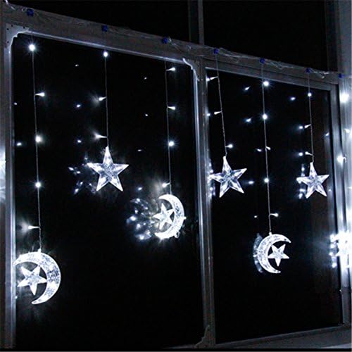 dulcecasa 2.3 m x 0.6 – 1 m Garlands Star Moon 138 Light Bulbs LED Lamp Decorative Waterproof Party Christmas Wedding Decoration Tree Curtain Bright Fairy Light Home Party A Cool White