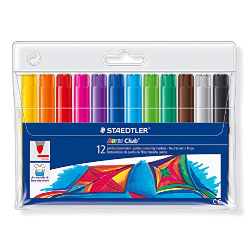 Staedtler 340 WP12 Jumbo Fasermaler Noris Club (stabile, eindrucksichere Spitze, Tinte mit Lebensmittelfarbstoffen, auswaschbar, Strichbreite: 3,0 mm, Etui mit 12 farblich sortierten Jumbo Fasermalern)