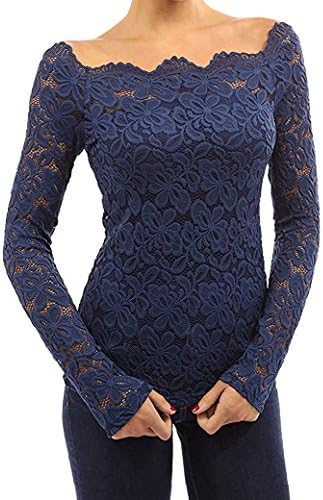 Tkiames Women Sexy Off The Shoulder Floral Lace Tops Long Sleeve T-Shirt Blouse?Blue