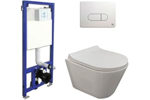 BECRISA Pack Inodoro Suspendido Rimless + Cisterna Empotrada y Pulsador | Inodoro Fondo Reducido y Asiento Extrafino | Wc Suspendido GIN (Wc Suspendido + Cisterna Empotrada + Pulsador Blanco)