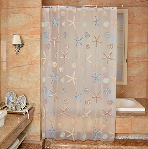 LikeYou Sea Star Theme Pattern Shower Curtain Liner Waterproof, 100% Eco-friendly PEVA Bathroom Curtian Mildew Resistant with Rustproof Metal Grommets (72WX78H)