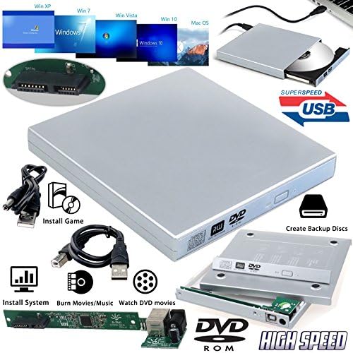 PC Laptop Portable Slim USB 2.0 To SATA &amp; IDE External CD-RW DVD-RW Burner Writer Copier Reader Rewritable Combo CD DVD Rom Drive Enclosure Case Cover Caddy For All Laptop Desktop Netbook Notebook Apple MAC PC Laptop Computer Notebook - 1 Year Warranty Free &amp; Fast Same Day Dispatch UK Seller (SATA, Silver)