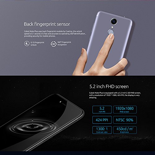 CUBOT Note Plus Smartphone 4G FDD-LTE Android 7.0 5.2 Pollici MTK6737T 1.5GHz Quad Core 3GB RAM+32GB ROM Macchine Fotografiche 16+16MP Batteria 2800mAh Notifica Impronta Digitale