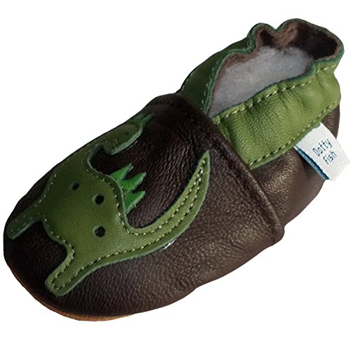 Soft Leather Baby boy Shoes with Suede Soles by Dotty Fish Brown & Green Dinosaur design - 6-12 months