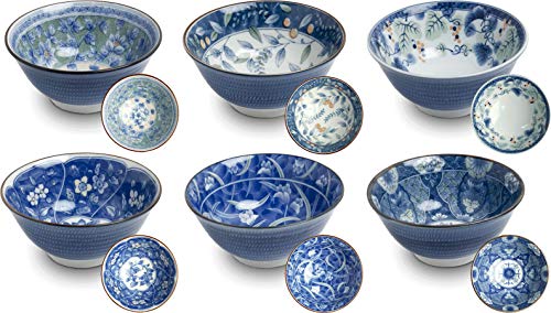 Teeblume Juego de Cuencos asiáticos Karafuru, Azul con Flores de Colores, 6 Piezas, diámetro de 15 cm, 7 cm de Alto, Aprox. 500 ml, Porcelana asiática, diseño japonés Tradicional