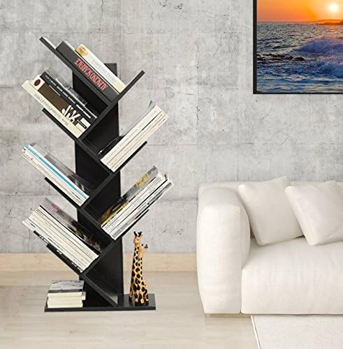 Modern Bookshelves Wooden Tree Shaped Bookcase Simple Living Room Bookshelves Storage Personality Bedroom Childrens Office Bookcase (Black)