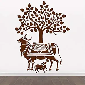 StickMe Kamdhenu Cow and Calf - Holy Cow - Hindu Religion - Sacred - God - Creative - Colorful Wall Sticker -SM784 (Multi Colour, Vinyl - 100cm X 80 cm )