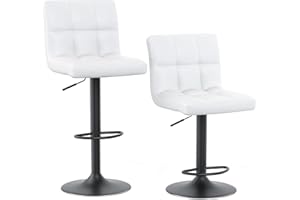 bigzzia Lote de 2 taburetes de Bar giratorios en Cuero sintético Ajustables en Altura con Respaldo para desayunador, mostrador, Cocina y hogar - Blanco