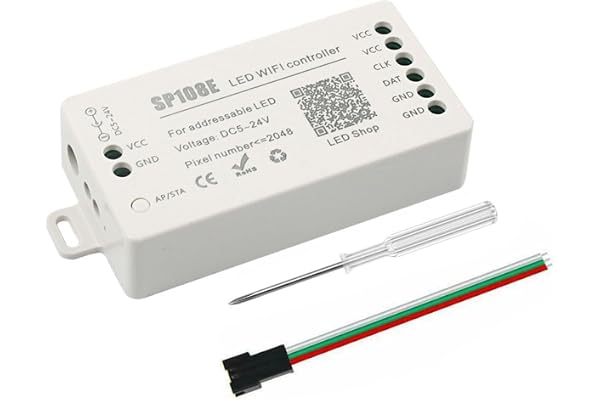 VIPMOON SP108E Contrôleur LED WIFI DC 5V-24V pour Bande LED IC SK6812 SK6812-RGBW WS2812 WS2813 WS2815 AL2815,180 modes dynamiques et DIY pour ajuster Couleur,Eclat,Vitesse,facile à utiliser.