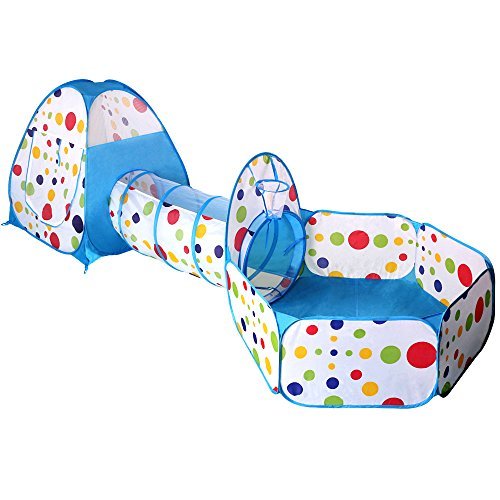 EocuSun Pop up Polka Dot Kids Play Tent with Tunnel and Ball Pit with Zippered Storage Bag, Blue