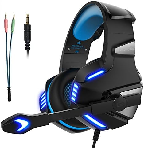 Gaming Headset Micolindun Headphone Gamer Microphone Lightweight Comfortable Adjustable Mic LED for PS4, PC, Laptop, Tablet, Phone, MAC with 3.5mm Over-Ear Bass Stereo Surround Sound Volume Control (Adapter Include)