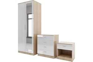 PALAKLOT High Gloss Bedroom Furniture Set – 3-Piece Set with Wardrobe, 4-Drawer Chest, and Bedside Cabinet – Stylish Storage Solution for Modern Bedrooms – Soft Close Doors (White with Oak)