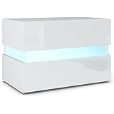 Vladon Table de Chevet Flow, Corps en Blanc Mat/Façades en Blanc Haute Brillance avec l'éclairage LED