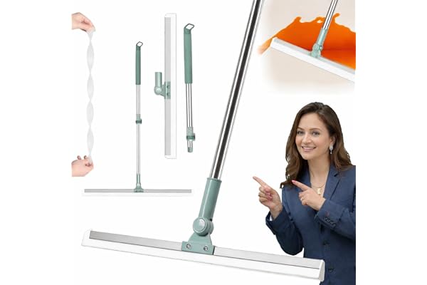 QERINKLE 180° Rotating Floor Squeegee, Heavy Duty Bathroom Wiper with 180-Degree Swivel Head,Multifunctional Magic Broom Floor Squeegee with Long Handle Adjustable (Silver, 100 CM)