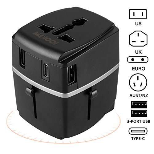 Adaptador de viaje, MiloolCargador 3 Puertos USB Y Tipo-C , Adaptador Enchufe Universal Con Fusible de Corriente 8A y 3A para EU, USA, AU, Ingles, AUS y más de 150 países (negro)