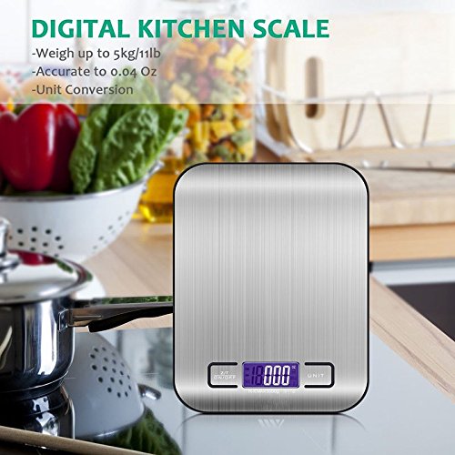 Preisvergleich Produktbild Digitale Küchenwaage, 5000g x 1g Briefwaage, Tinpa Professionelle Küchenwaage Edelstahl Design LCD-Display Electronische Waage, Küchenwaage 5kg Lebensmittelwaage für Küche und Haushalt