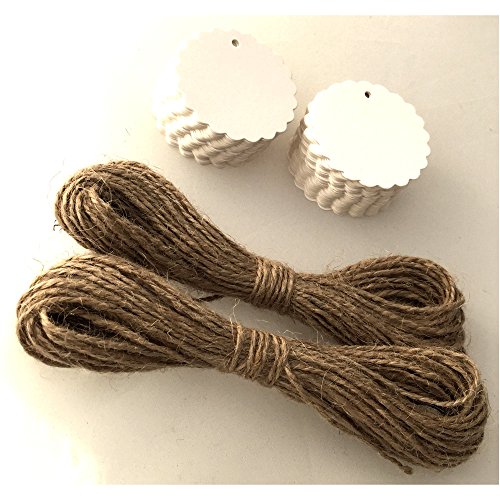 LWR Crafts Bastelanhänger, rund mit gewelltem Rand, 100 Stück, mit Juteschnur (254 cm), weiß, 2″ - 3