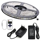 Anten® 5M Tiras LED Iluminación LED banda de luces Panel doble 24W(3528/300D/1800LM/IP65/RF/2A/EU)Blanco caliente+Mini controlador monocromático + control remoto de radio RF + potencia de accionamiento DC12V / 2A (normativas europeas)[Clase de eficiencia energética A]