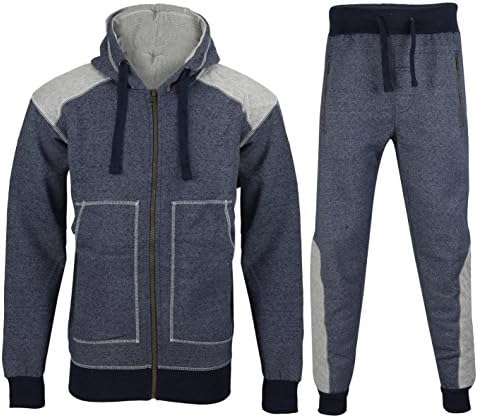 Mens Full Tracksuit Set Fleece Zip Hoodies Top Jogging Bottoms 2 Tone Quilted Panels Trackies [M,Navy Blue]