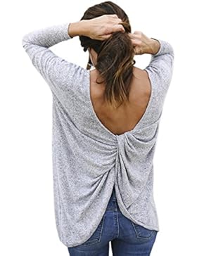 ECOWISH Langarmshirt Damen V Rückenfrei Kreuz Pullover Shirt Hemd Oberteile Tops
