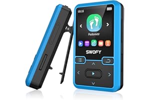 SWOFY Clip MP3 player with Bluetooth 5.0 MP3 digital audio music player portable wearable mp3 & mp4, ultra-lightweight MP3 player for kids, FM radio support, pedometer, up to 128GB (Blue)
