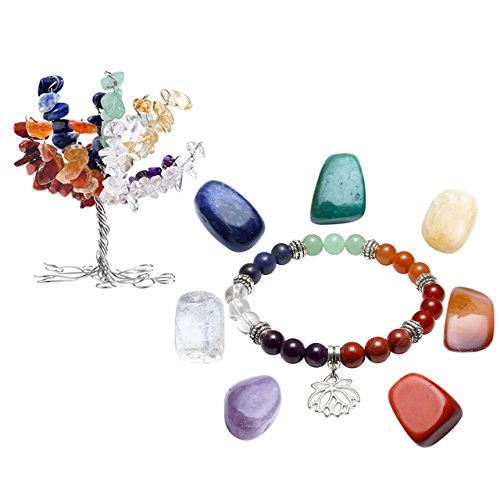 Jovivi 7 Chakra Pierres Naturelles Pierres Bracelet avec Pendentif + Porte-Bonheur Décoration Thérapie Reiki T