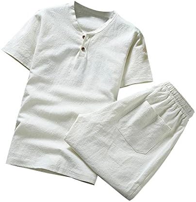 Ecotrumpuk 2pcs Men Linen Casual Short Sleeve T-Shirt Fifth Pants Set(White)(L)