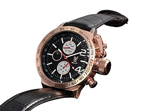 Konigswerk Herrenuhr schwarz Leder Armband Gehuse Rotgold Ziffernblatt Multifunktion Tag Datum Sonne Mond AQ201768G