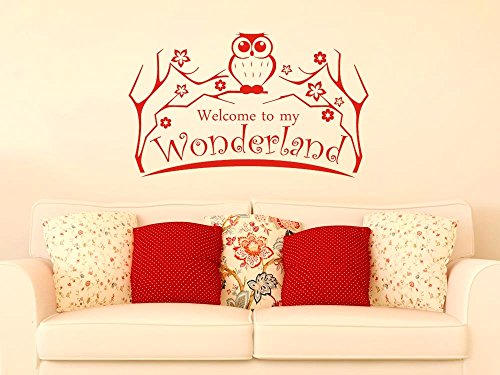 Wandtattoo Wandaufkleber Wand Deko Kinderzimmer Welcome Wonderland Eule (82x50cm//031 Rot)