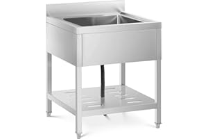 Royal Catering Évier Professionnel En Inox 1 Bac Plonge Sur Pied Professionnelle De Restaurant RCSSS-70X70-S (70 x 70 cm, Bac 50 x 50 x 25,5 cm, Avec Étagère, Dosseret 10 cm, Acier Inoxydable)