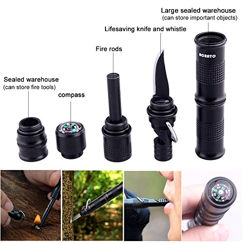 ACRATO Kubotan Tactical Pen Outdoor Überlebenstool Taktisches Multifunktionswerkzeug mit Mini Kompass Messer Notfallpfeife Feuerstahl und Schlüsselring für Camping Geschenk Schwarz - 6