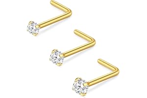 FECTAS Nose Stud L Shape Nose Ring Stud Nose Bar 18G 20G 1.5mm 2mm 2.5mm 3mm L Shaped Nose Piercing Jewellery Stainless Steel Clear Pink Blue Round Star Heart Diamond Silver Gold Black