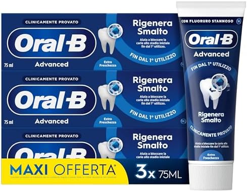 Oral-B Dentifricio Advanced Rigenera Smalto 3x75ml, Dentifricio, Clinicamente Provato, Pulizia Denti Efficace, Alito Fresco, Extra Freschezza Sapore Eucalipto