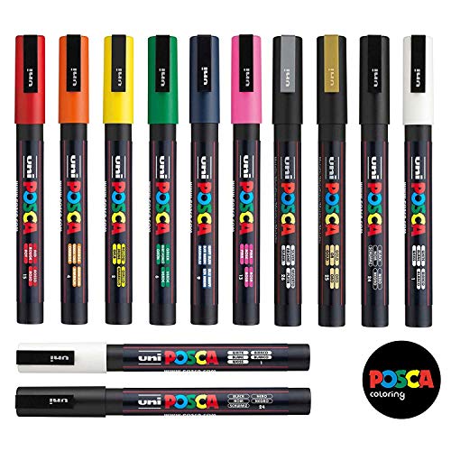 Ensemble de 12 marqueurs professionnels - Marqueurs noir et blanc supplémentaires - PC-3M - Uni Posca