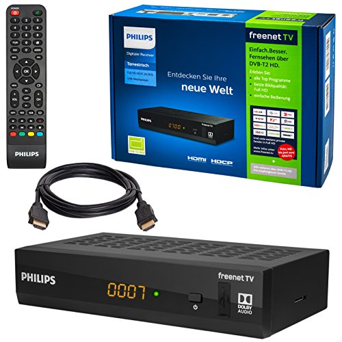 HB DIGITAL DVB-T/T2 SET: Philips DTR3502B DVB-T/T2 Receiver, kartenloses Irdeto-Zugangssystem für freenet TV + HDMI Kabel mit Ethernet Funktion und vergoldeten Anschlüssen (Full HD, HEVC/H.265, HDTV, HDMI, USB 2.0 DVBT DVBT2 DVB-T2)