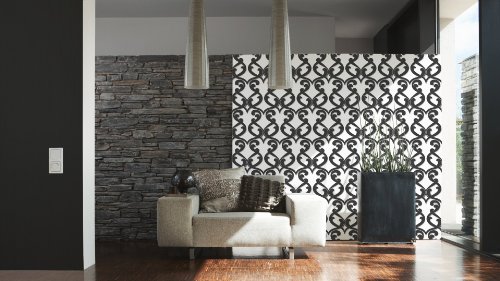 Livingwalls Vliestapete Flock Tapete Unitapete 10,05 m x 0,53 m schwarz Made in Germany 256027 2560-27 - 3