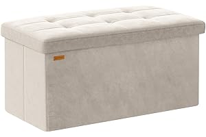 ABHENG Folding Storage Ottoman, Velvet Storage Bench, Footrest, Bed End Stool, Footstool, Removable Divider, for Living Room, Bedroom, 38 x 76 x 38 cm, 300 kg Load Capacity, Cream White ASND01W