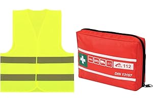 notlok Safety Work Kit d'Urgence pour Auto Voiture 2in1, 1x Trousse de Secours DIN13167, 1x Gilet de Sécurité CE, EN ISO 20471:2013, Jaune, Reflechissant