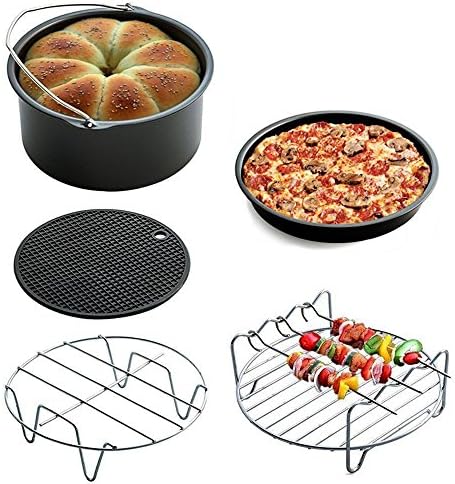 Air Fryer Accessories, Healthy Air Fryer, 5 Piece Air Fryer Accessories Air Fryer Accessory Kit, Fryers, Fryer Accessories air fryer accessories universal, Deep Fryer for Gowise Phillips Bakeware Tins &amp; Trays, Baking Sets, Small Kitchen Appliances Cake Barrel, Pizza Pan, Metal Holder, Skewer Rack, Silicone Mat (Black)