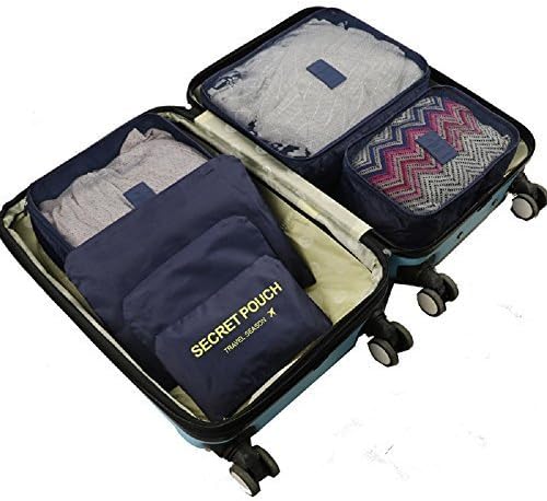 VECHOO 6 Sets Premium Travel Organizers, Waterproof Nylon Packing Cubes Laundry Bags, Packable Luggage Storage Bags (Navy Blue)
