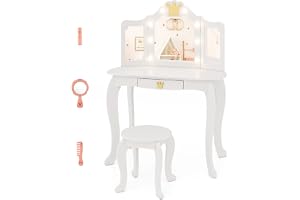 COSTWAY Barnsminkbord med belysning, toalettbord för flickor med trippel vikbar spegel och låda, sminkbord av trä med pall, set för barn från 3 år