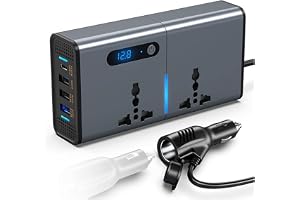 Gwydre 200W Power Inverter, DC 12/24V to 220V AC Converter, 3 USB 1 Type-C Ports, Switch and Current LED Screen (Sliver Grey)