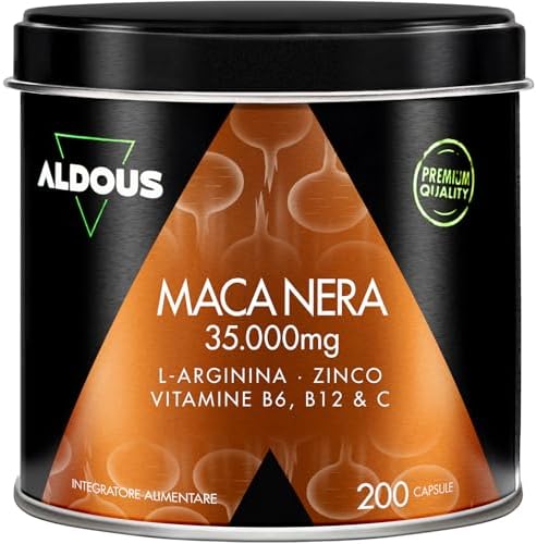 Maca Peruviana Nera Complex 35.000 mg - Estratto Alta Qualità 20:1-200 Capsule Maca Nera - Energia, Vitalità - Arginina, Zinco, Vitamine B6, B12, C - Vegan - ALDOUS