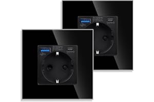 JIMEIDA Paquete de 2 tomas de corriente individuales con USB en negro, 16 A, toma Schuko de cristal con carga rápida, conector USB y puerto tipo C máx. 3,1 A, 86 mm, 250 V, 1 compartimento