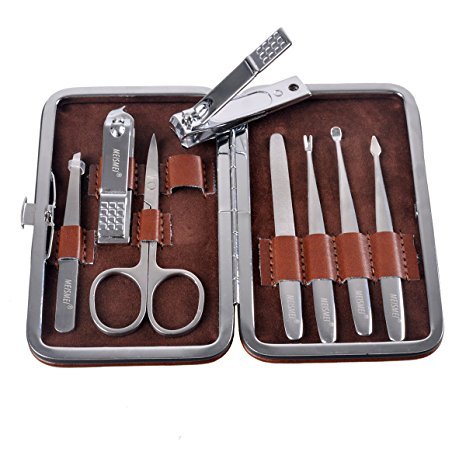 ETTG All in 1 Stainless Steel Personal Manicure Pedicure Ear Pick Nail-clippers Set Travel Grooming Kit Travel & Grooming Set Personal Care Tools with Leather Case (8 pcs-mini pack)